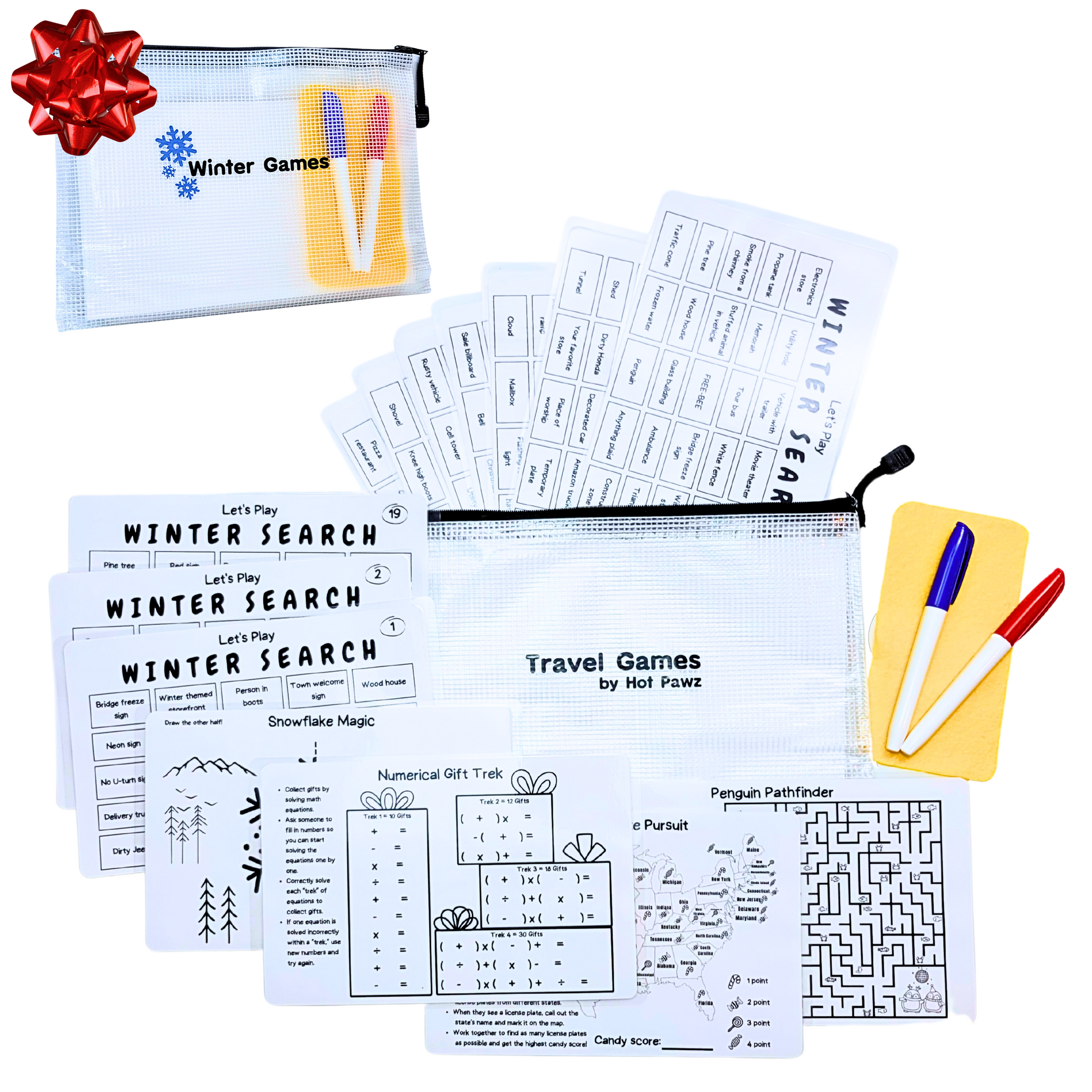 Winter Travel Games For Families: 36 Unique Games, Reusable Laminated Cards, Scavenger Hunt, Multiplayer Games for Kids, Car and Airplane Approved