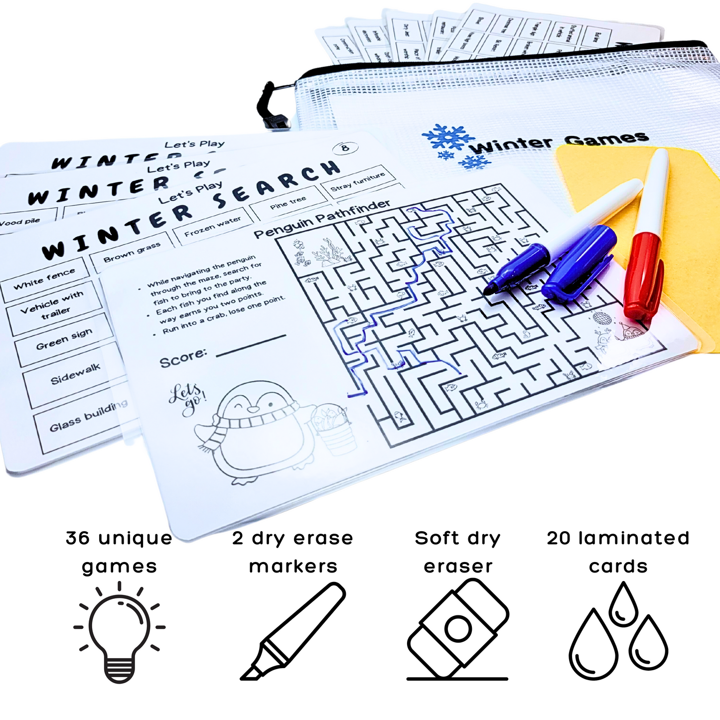 Winter Travel Games For Families: 36 Unique Games, Reusable Laminated Cards, Scavenger Hunt, Multiplayer Games for Kids, Car and Airplane Approved