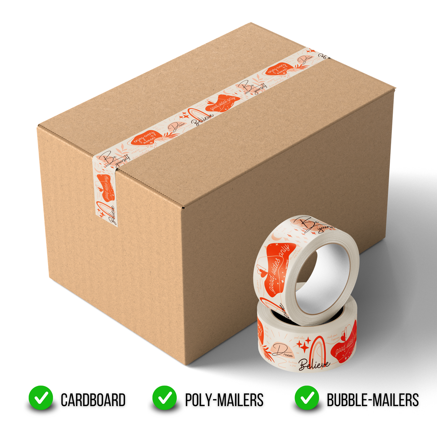 Packing Tape, Acrylic Colorful Good Vibes, 50 mm x 120 yd, 2.3 mil Heavy Duty, 1 Roll