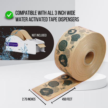 Reinforced Water Activated Kraft Paper Tape, Heavy Duty Gummed Seal, Garden Bugs, 2.75 in x 450 ft, 1 Roll