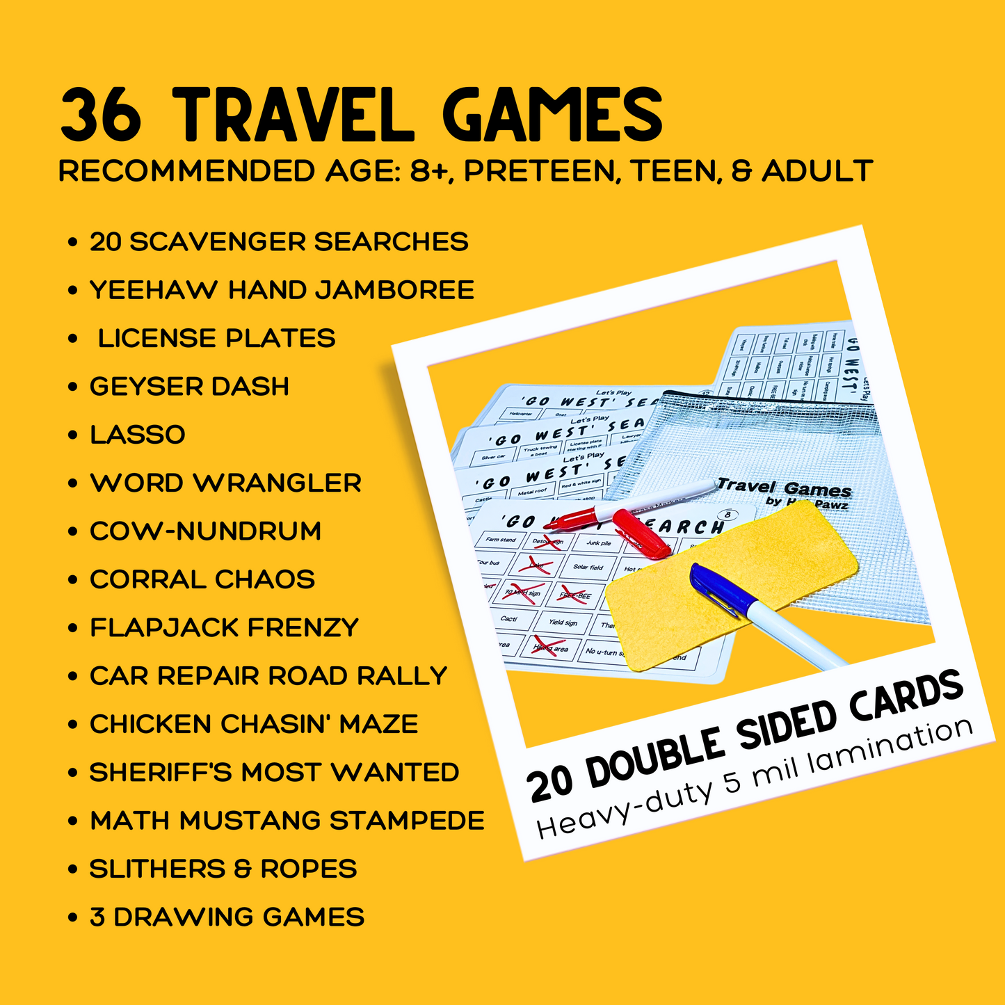 Go West Travel Games For Families: 36 Unique Games, Reusable Laminated Cards, Scavenger Hunt, Multiplayer Games for Kids, Car and Airplane Approved