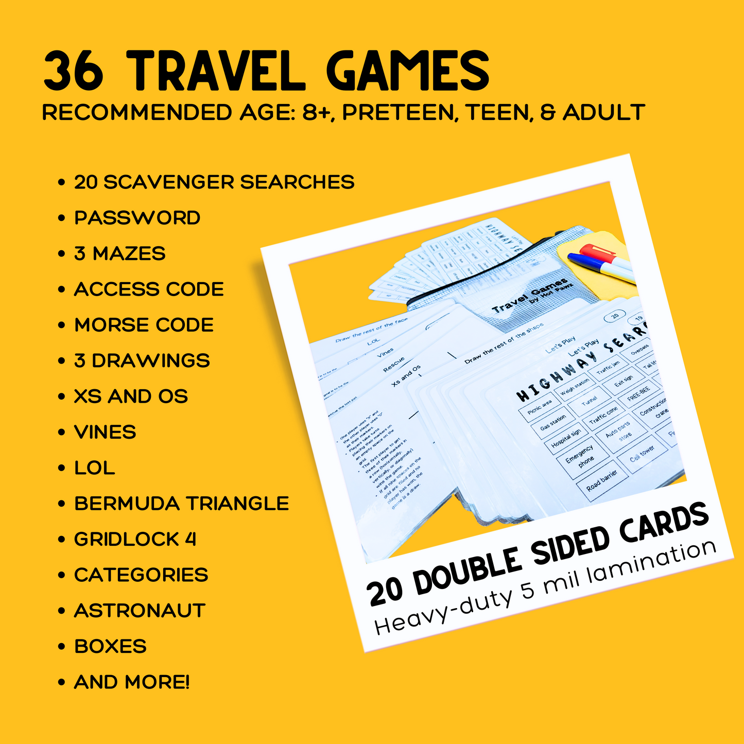 Highway Travel Games For Families: 36 Unique Games, Reusable Laminated Cards, Scavenger Hunt, Multiplayer Games for Kids, Car and Airplane Approved