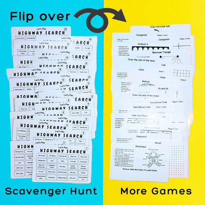 Highway Travel Games For Families: 36 Unique Games, Reusable Laminated Cards, Scavenger Hunt, Multiplayer Games for Kids, Car and Airplane Approved