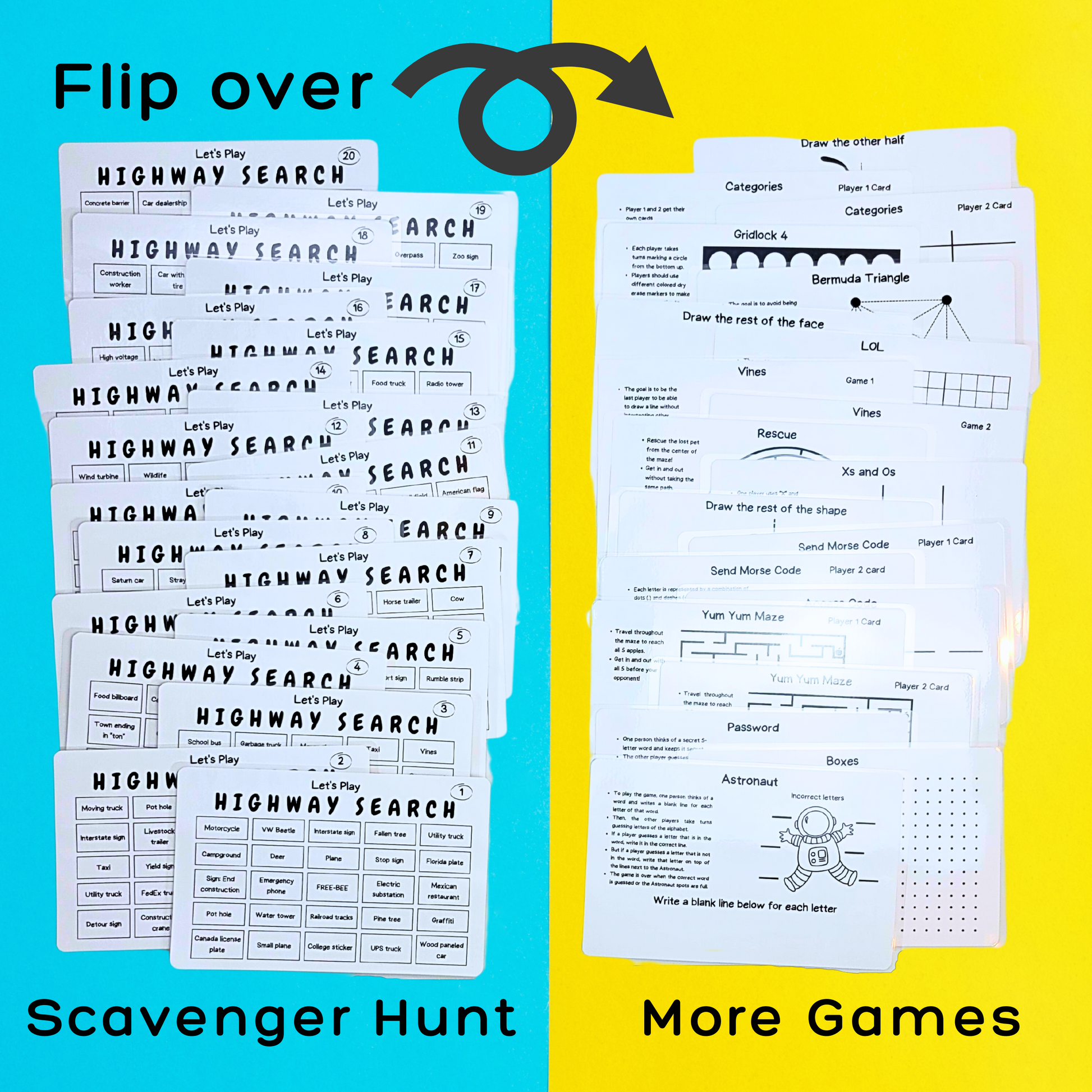 Highway Travel Games for Families: 36 Unique Games, Reusable Laminated Cards, Scavenger Hunt, Multiplayer Game